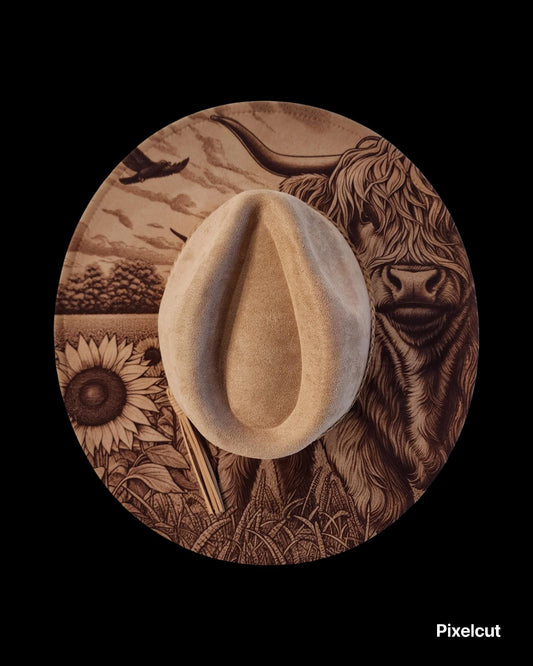 Highland Cow Engraved Cowgirl Hat, Indian Feathers, Rustic Wedding, Horse Cowgirl, Cowgirl Hat. Farm Girl, Rustic Wedding, Cow