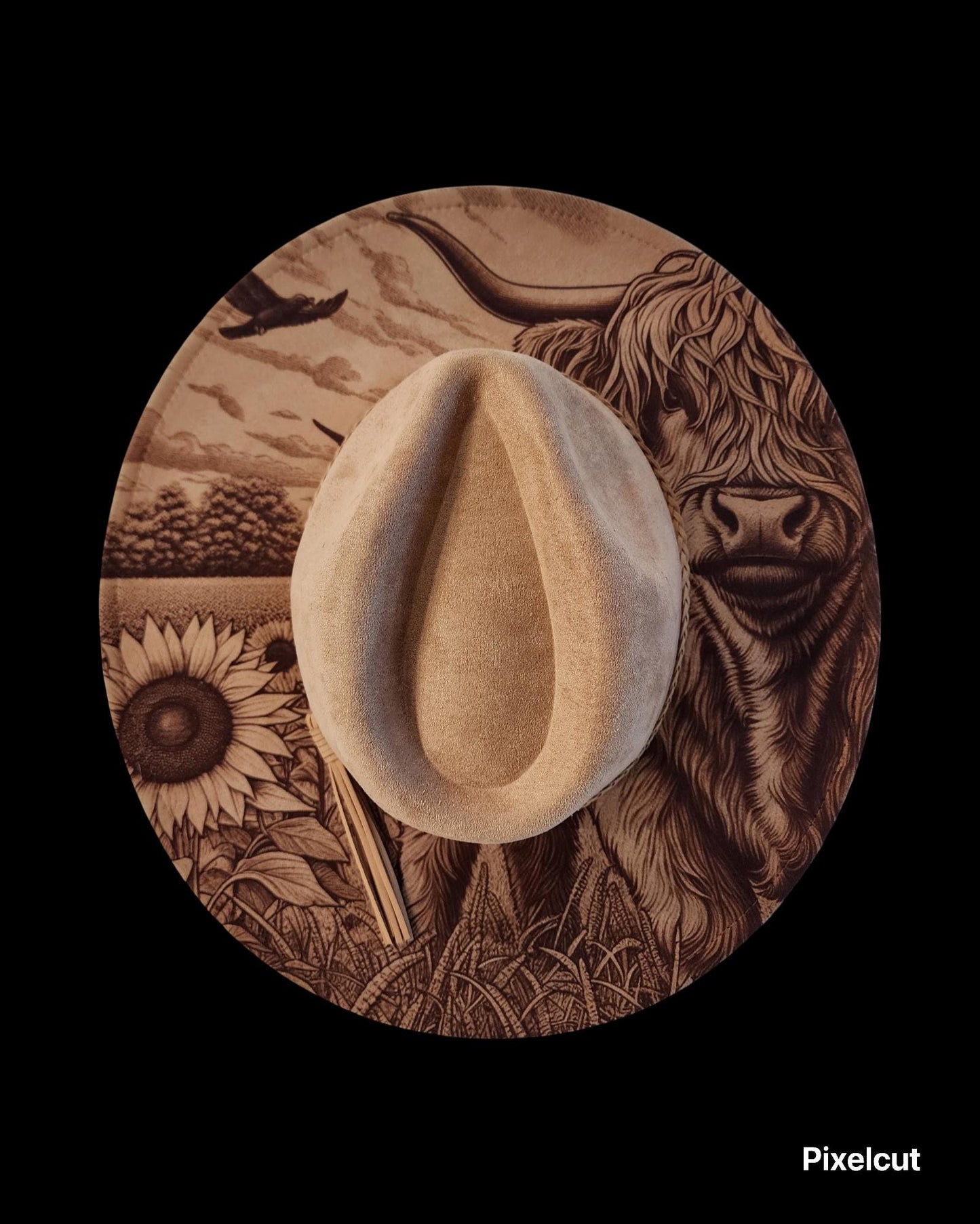 Highland Cow Engraved Cowgirl Hat, Indian Feathers, Rustic Wedding, Horse Cowgirl, Cowgirl Hat. Farm Girl, Rustic Wedding, Cow