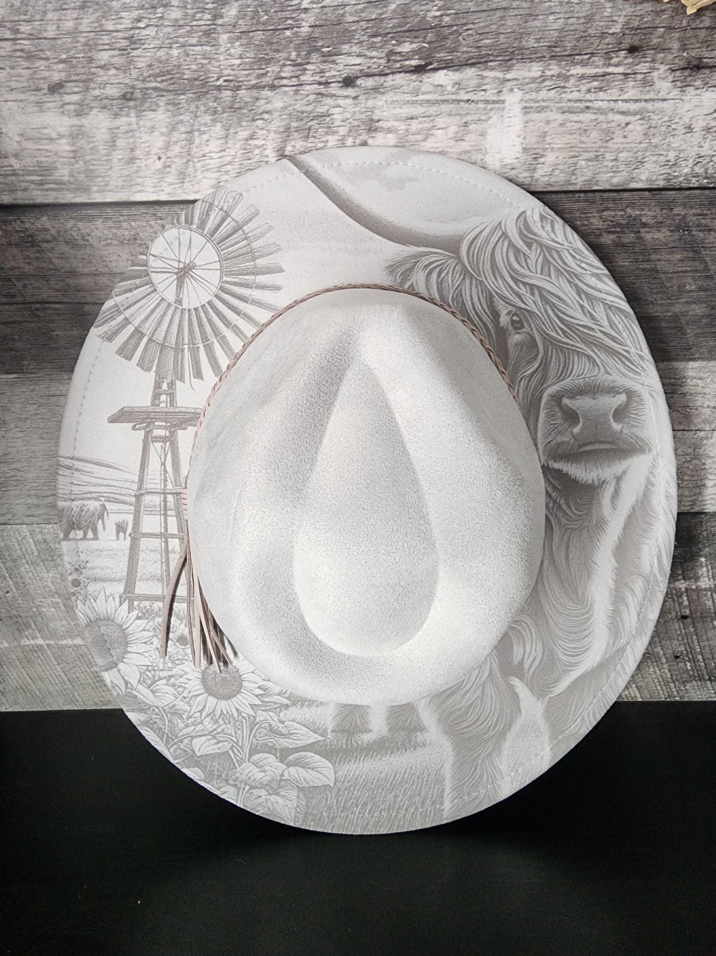 Highland Cow Engraved Cowgirl Hat, Indian Feathers, Rustic Wedding, Horse Cowgirl, Cowgirl Hat. Farm Girl, Rustic Wedding, Cow
