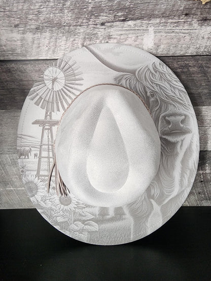 Highland Cow Engraved Cowgirl Hat, Indian Feathers, Rustic Wedding, Horse Cowgirl, Cowgirl Hat. Farm Girl, Rustic Wedding, Cow