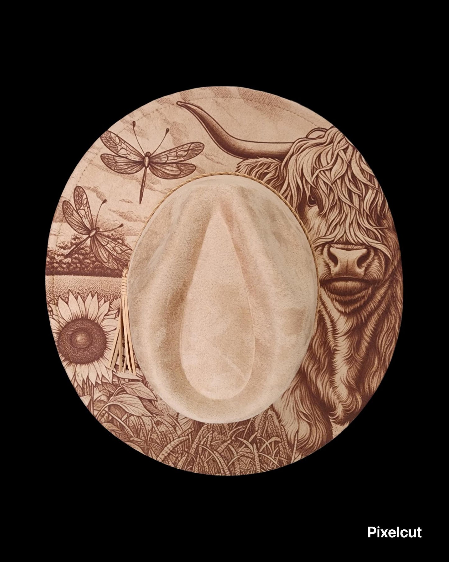 Highland Cow Engraved Cowgirl Hat, Indian Feathers, Rustic Wedding, Horse Cowgirl, Cowgirl Hat. Farm Girl, Rustic Wedding, Cow