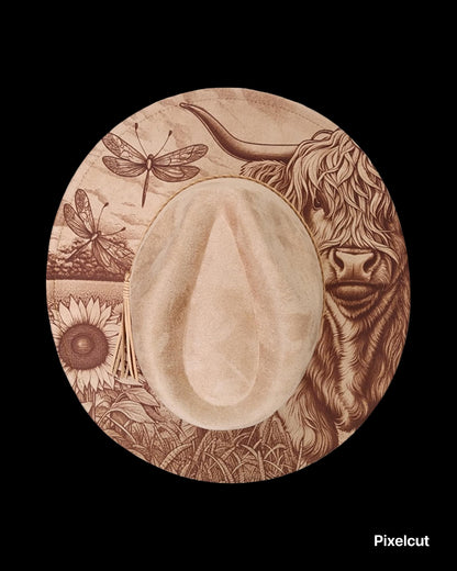 Highland Cow Engraved Cowgirl Hat, Indian Feathers, Rustic Wedding, Horse Cowgirl, Cowgirl Hat. Farm Girl, Rustic Wedding, Cow