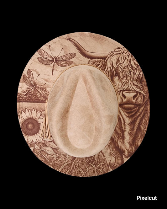 Highland Cow Engraved Cowgirl Hat, Indian Feathers, Rustic Wedding, Horse Cowgirl, Cowgirl Hat. Farm Girl, Rustic Wedding, Cow